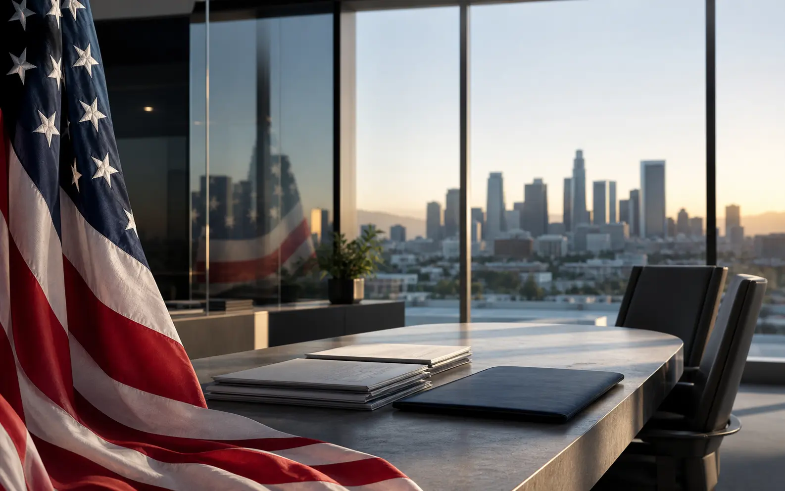 United States flag in a modern Los Angeles law office
